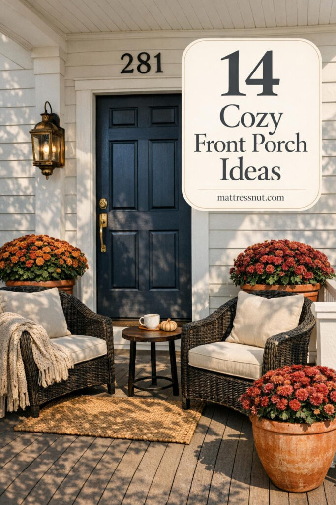 Traditional home entrance with white railings, black wicker chairs, cream cushions, terracotta planters with burgundy mums, navy door, and brass lanterns