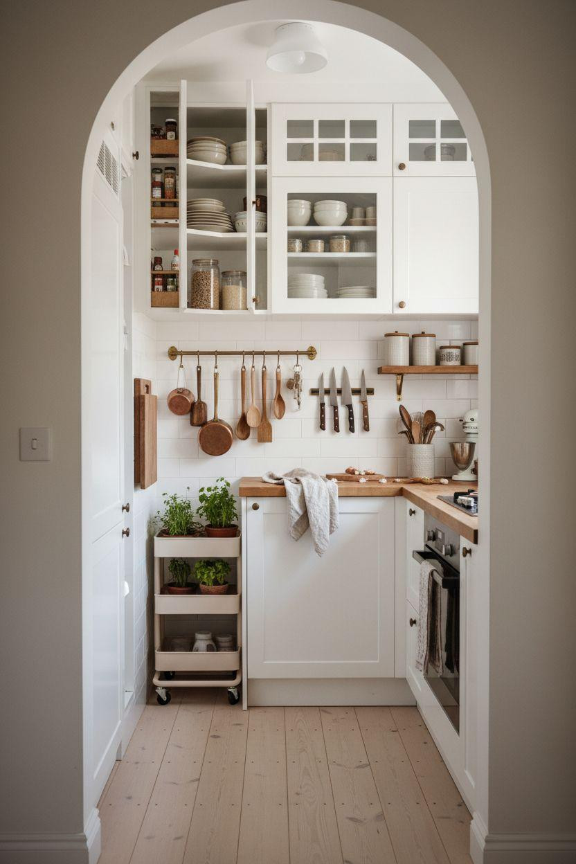 tiny kitchen ideas on a budget with pull-down organizers