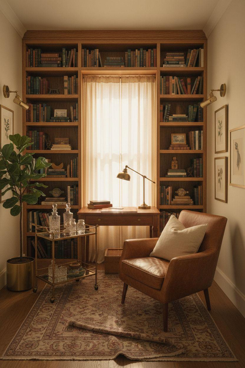 Home Office Library Ideas - oak shelves with brass lighting and cream palette