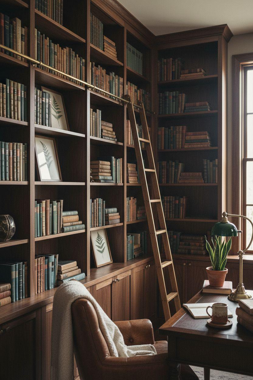 Home Office Library Ideas - walnut bookshelves with leather chair and brass ladder