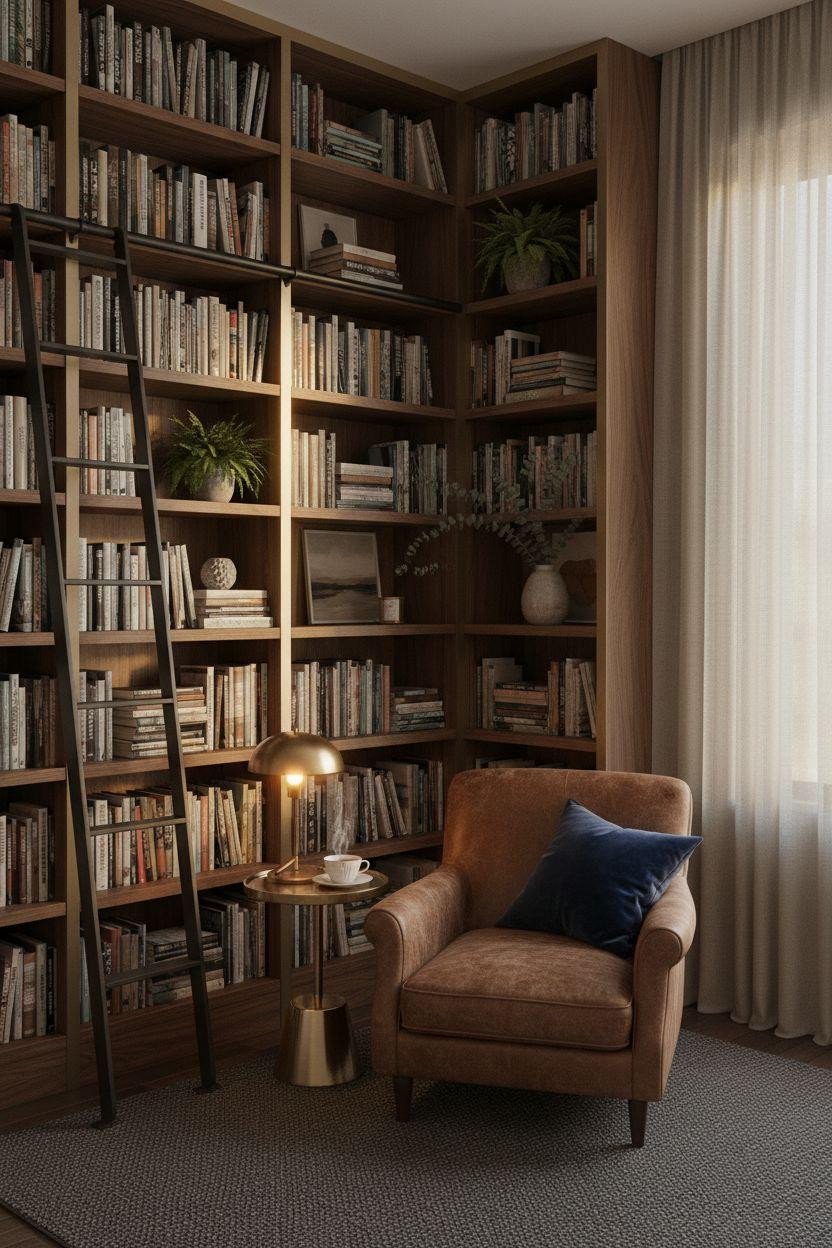 Small Home Library Ideas - floating walnut shelves with brass accents