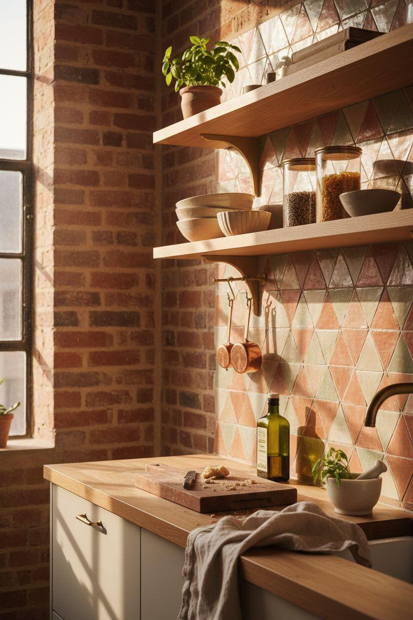 Small kitchen geometric tile detail with brass shelf