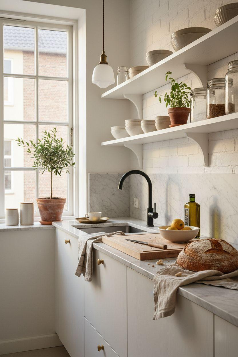 Small kitchen with warm lighting and brass fixtures