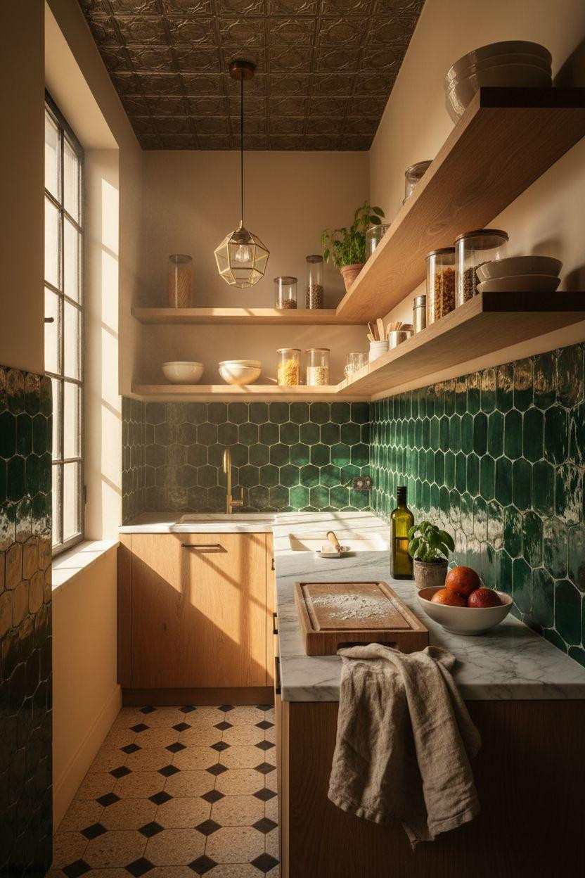 Small kitchen with geometric green tile and oak shelves