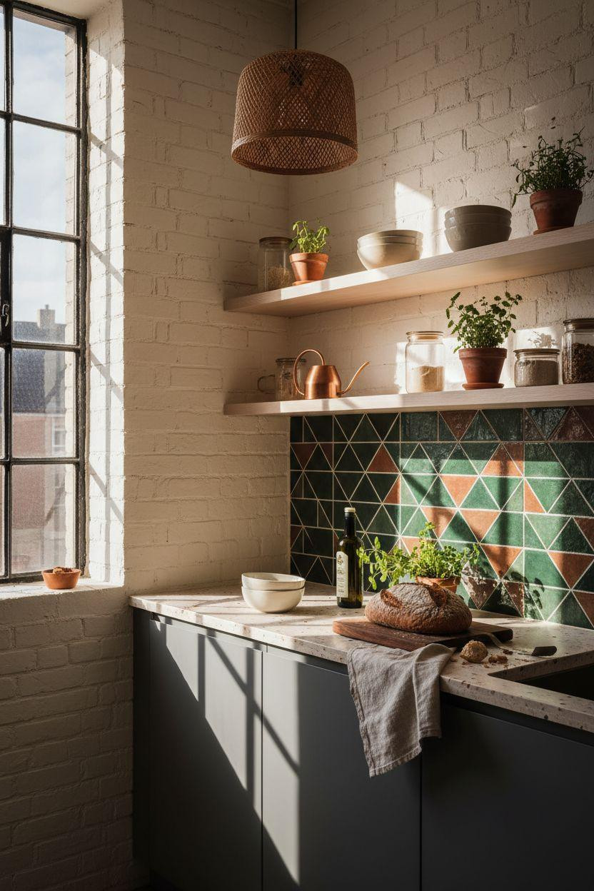 Small kitchen corner view with geometric tile pattern