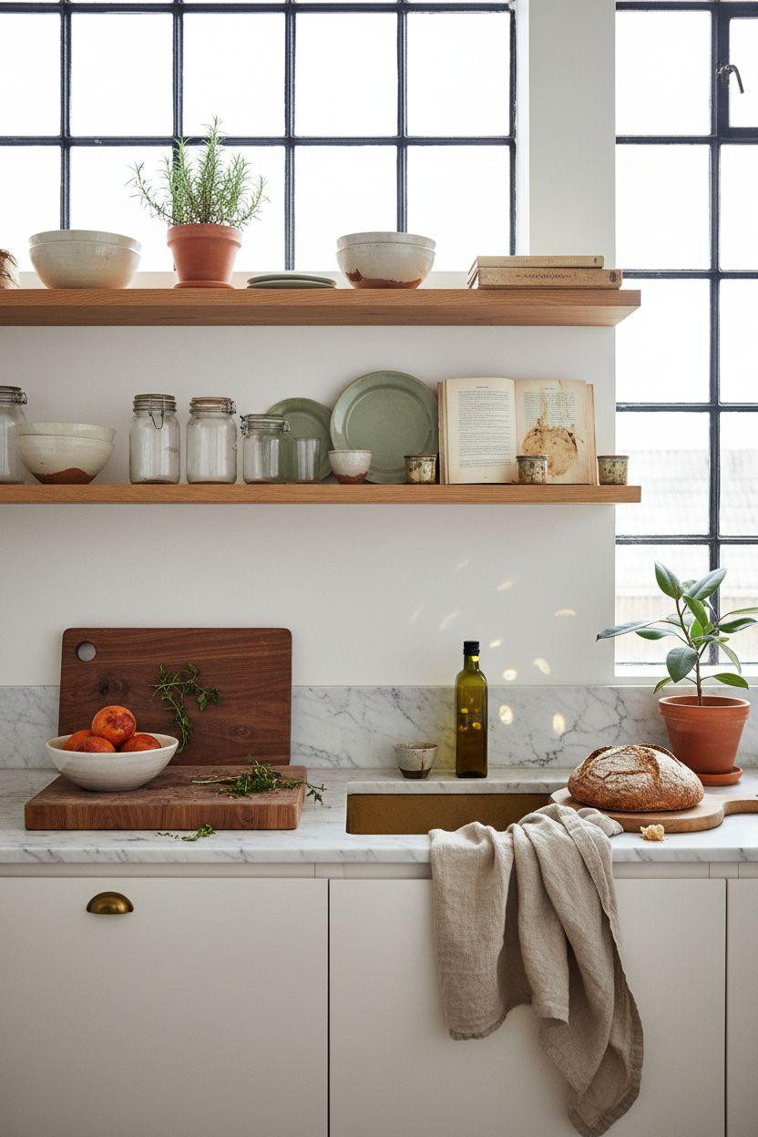 Small kitchen galley layout with oak shelves and marble