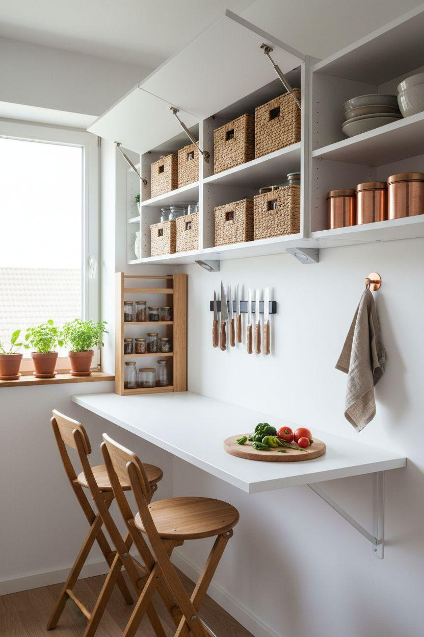 Tiny Kitchen Ideas - foldable counter with breakfast bar and hidden storage