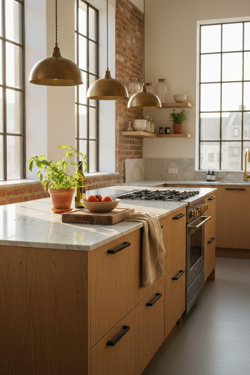 Small kitchen with marble island and brass pendants