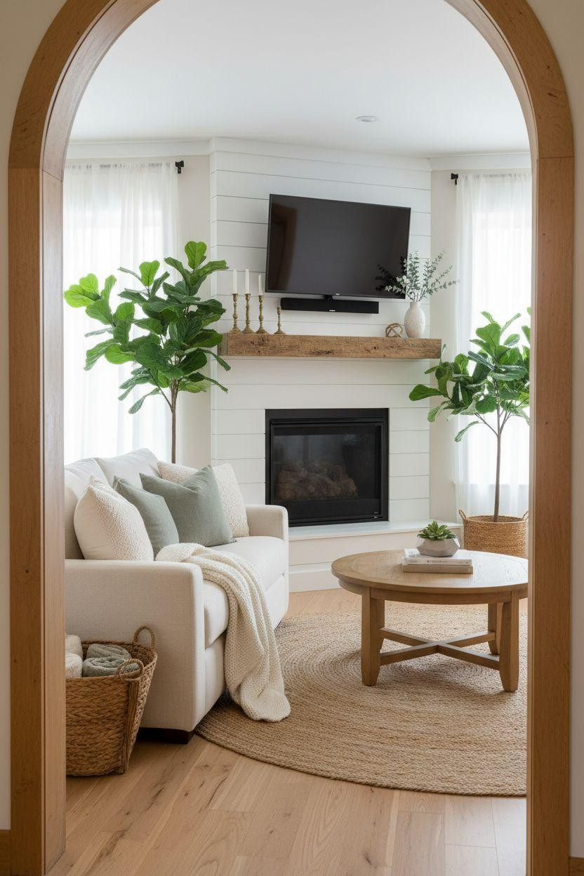Small living room with white shiplap corner fireplace and sage accents