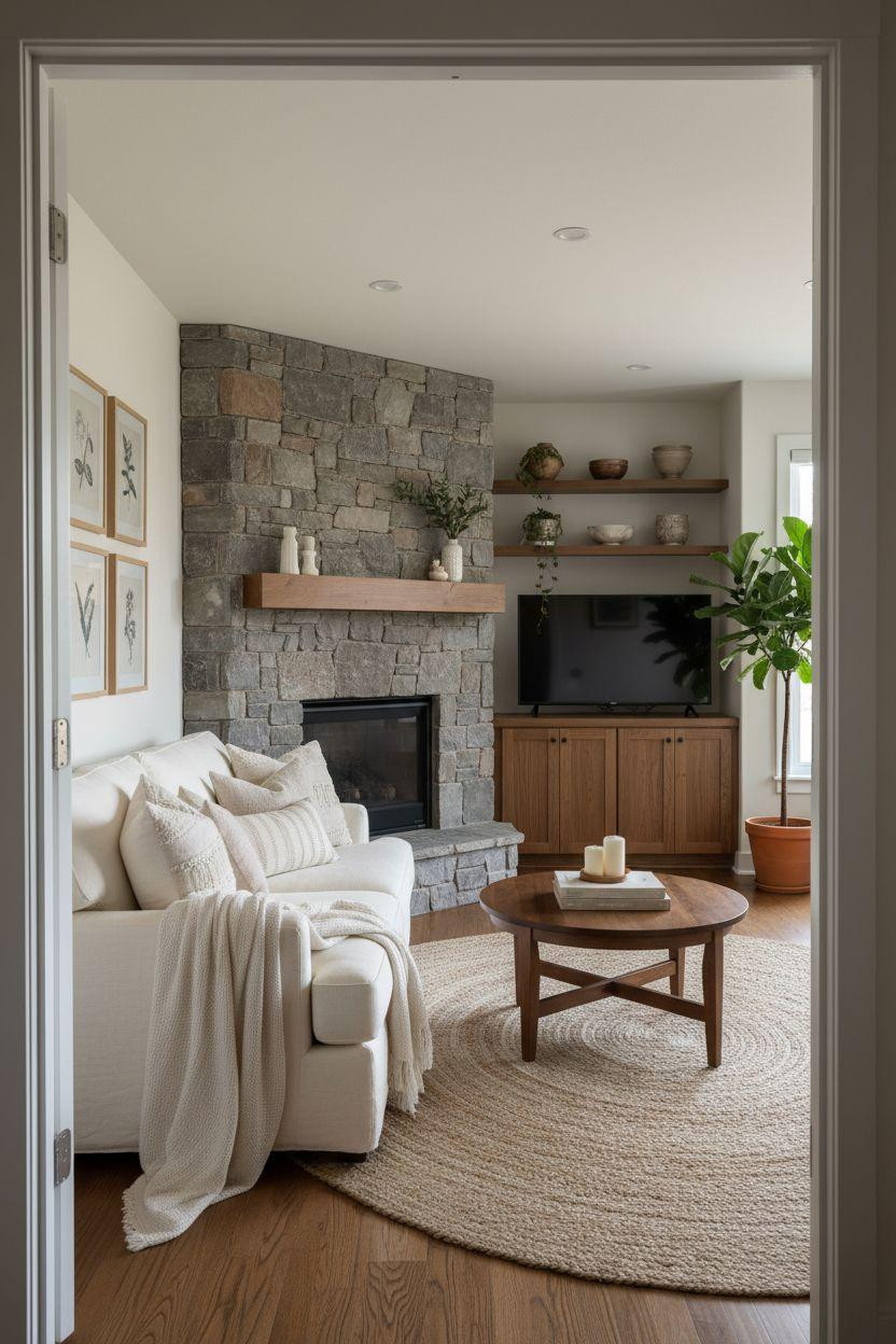 Corner Fireplace Living Room Layout in compact space with stone surround