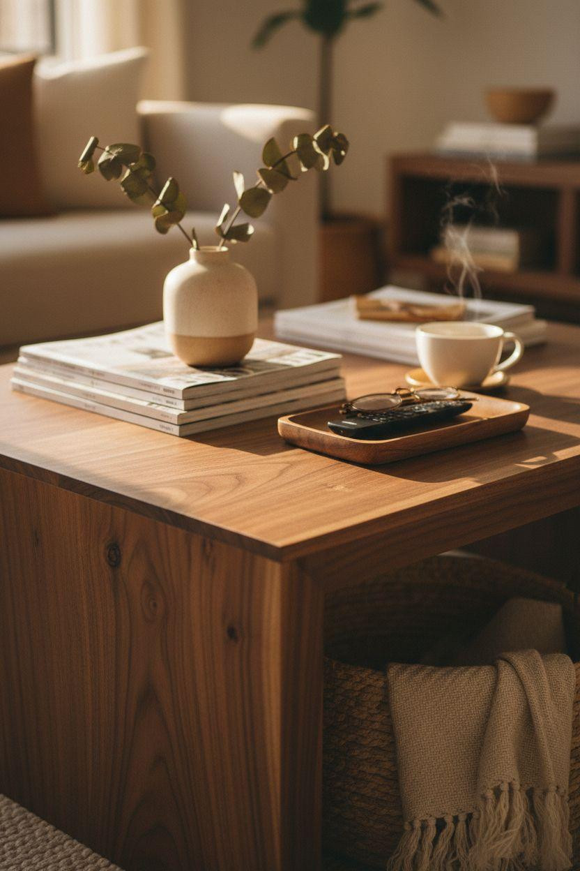 Small Living Room Furniture Layout highlighting walnut wood grain details