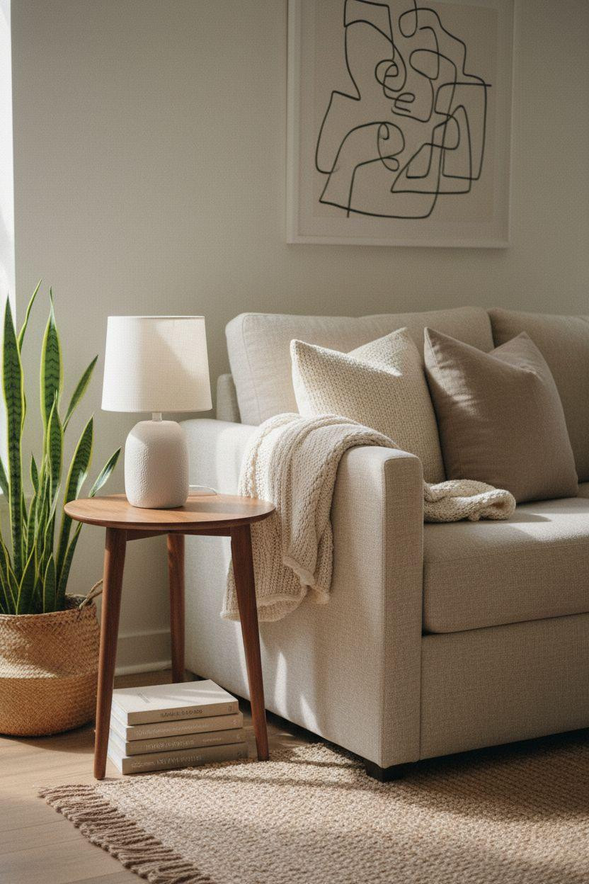 Small Living Room Furniture Layout with minimalist furniture and warm textures