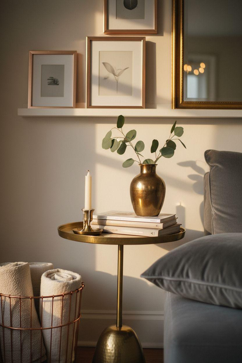 Small Living Room Furniture Layout featuring brass and copper metallic details