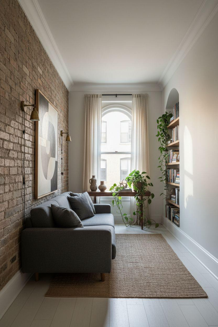 Small Living Room Furniture Layout emphasizing architectural details along narrow wall