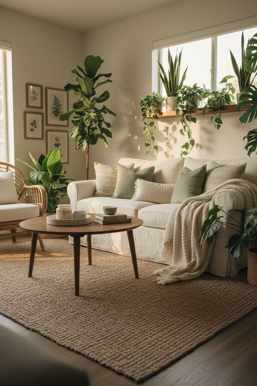 Small Living Room Furniture Layout with abundant greenery and strategic furniture placement