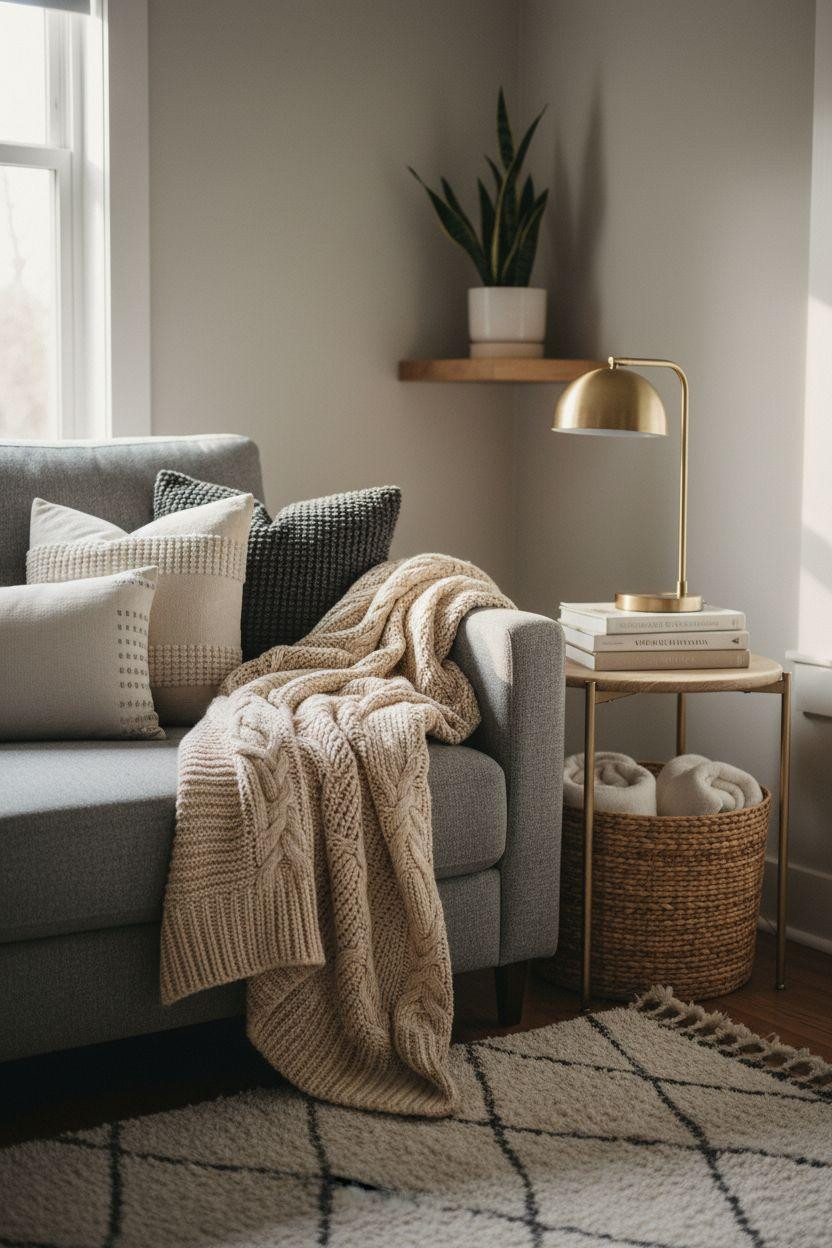 Small Living Room Furniture Layout with layered textures in family corner