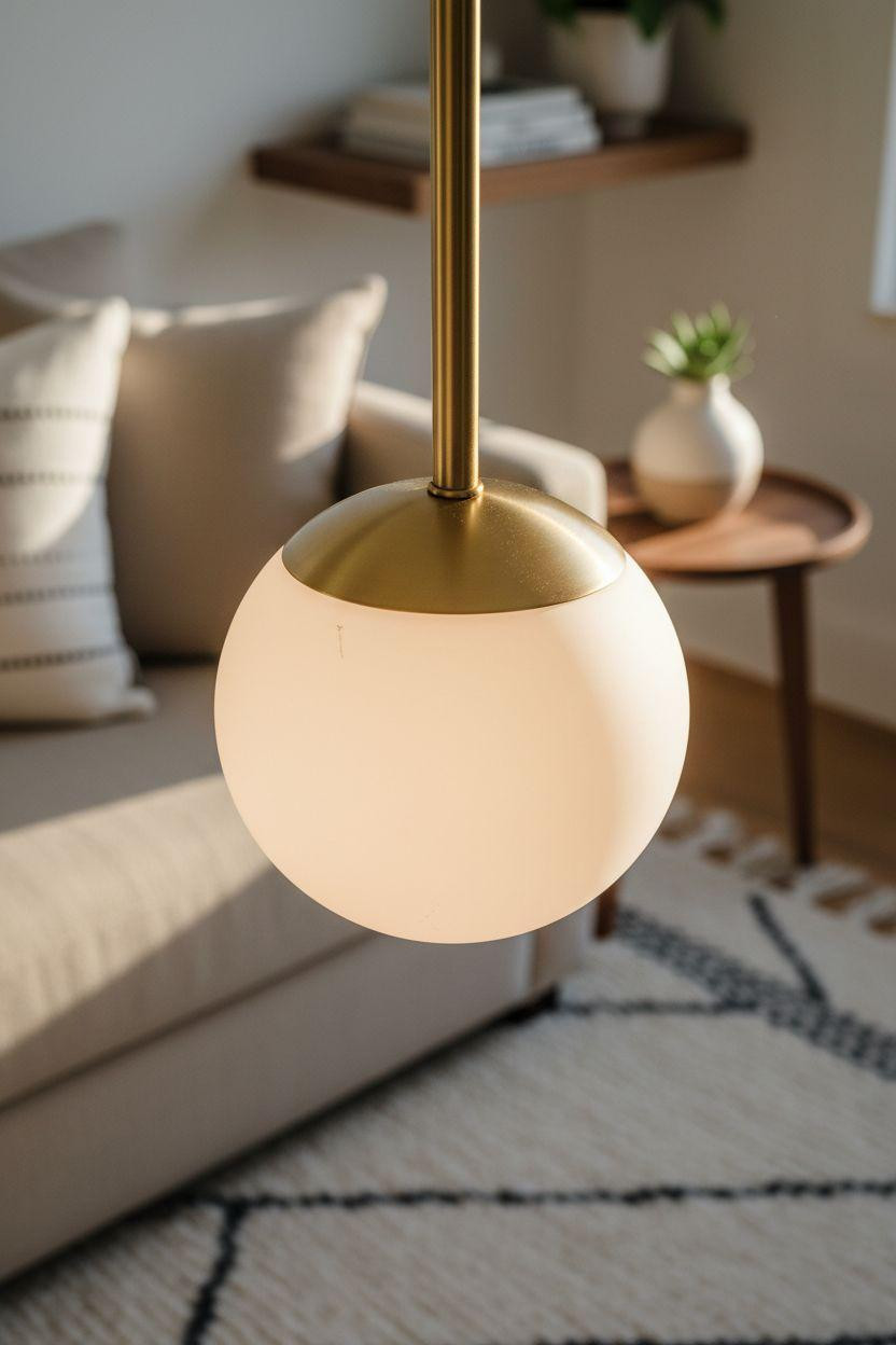 Small Living Room Furniture Layout - brass pendant light closeup
