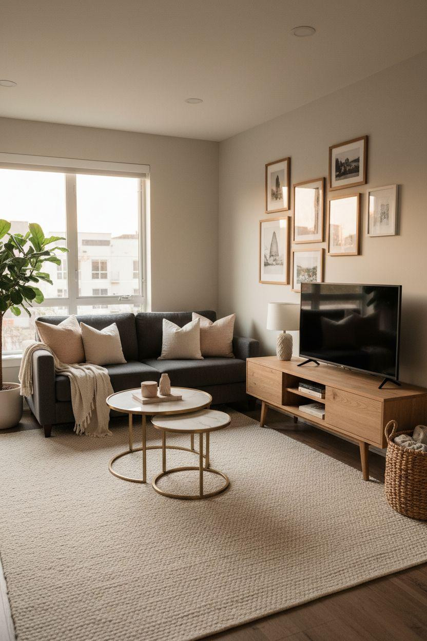 Small Living Room Furniture Layout with sectional and brass nesting tables