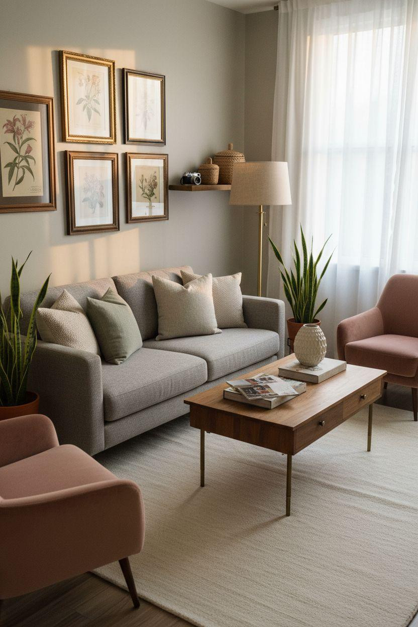 Small Living Room Furniture Layout mixing vintage brass with modern furniture