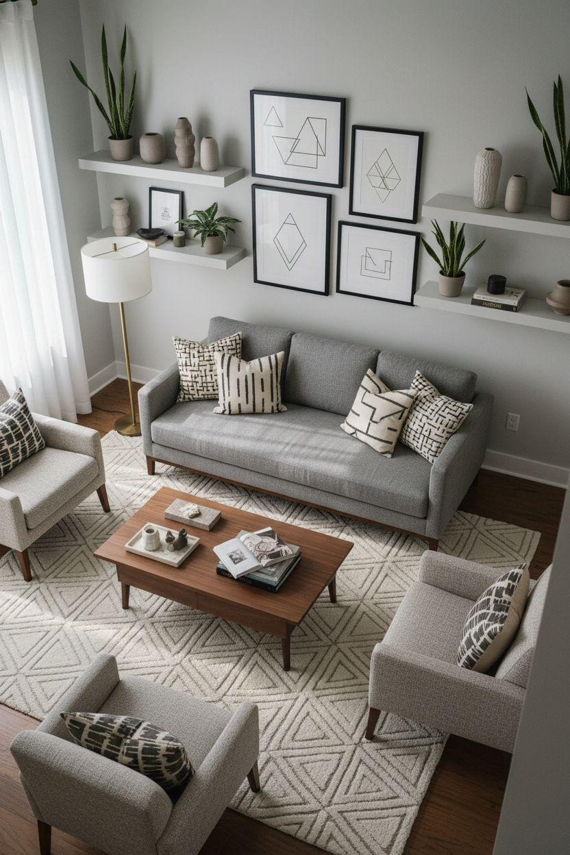 Small Living Room Furniture Layout featuring clean lines and geometric rug