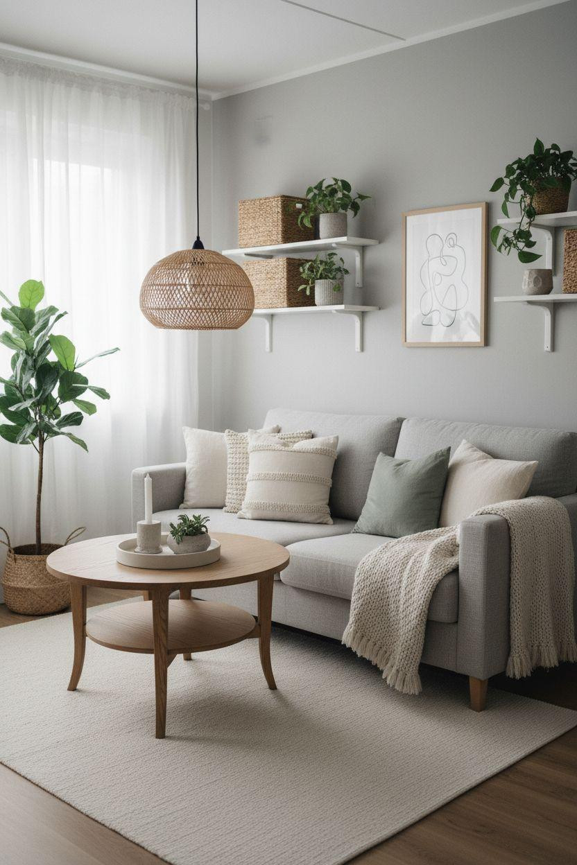 Small Living Room Furniture Layout featuring Scandinavian style with floating shelves