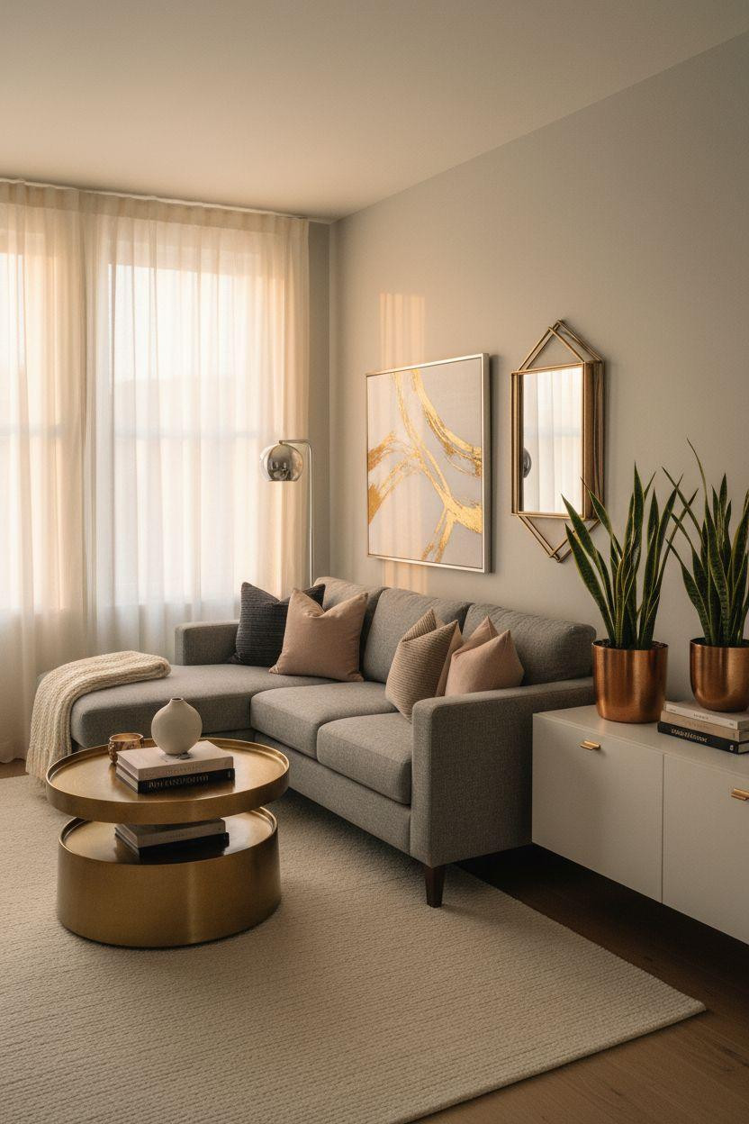 Small Living Room Furniture Layout featuring gold and brass metallic accents