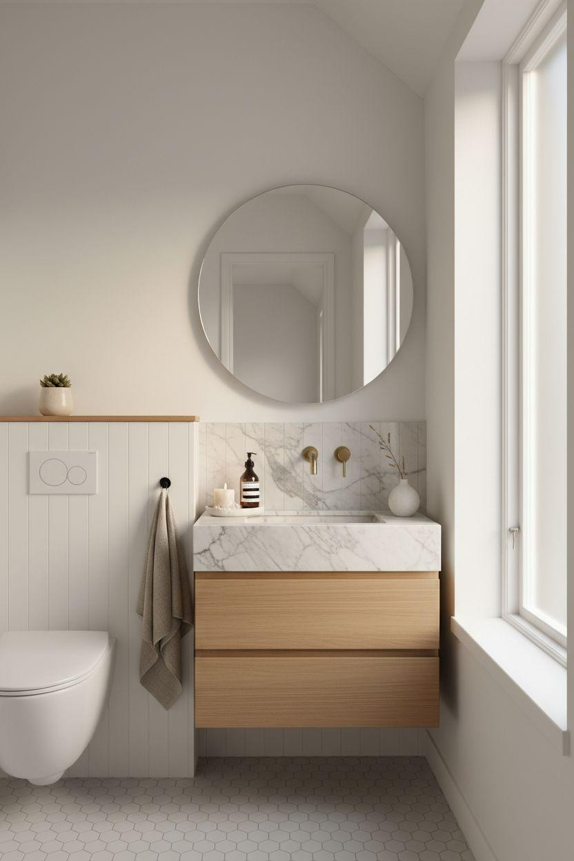 Small Toilet Room - narrow minimalist design with marble and white oak