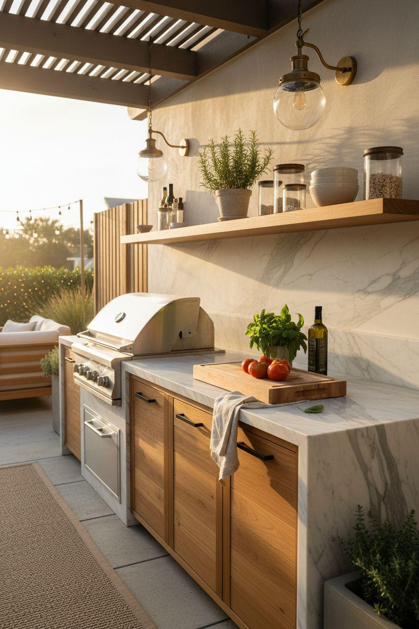 Backyard Outdoor Kitchen - small coastal design with marble countertops