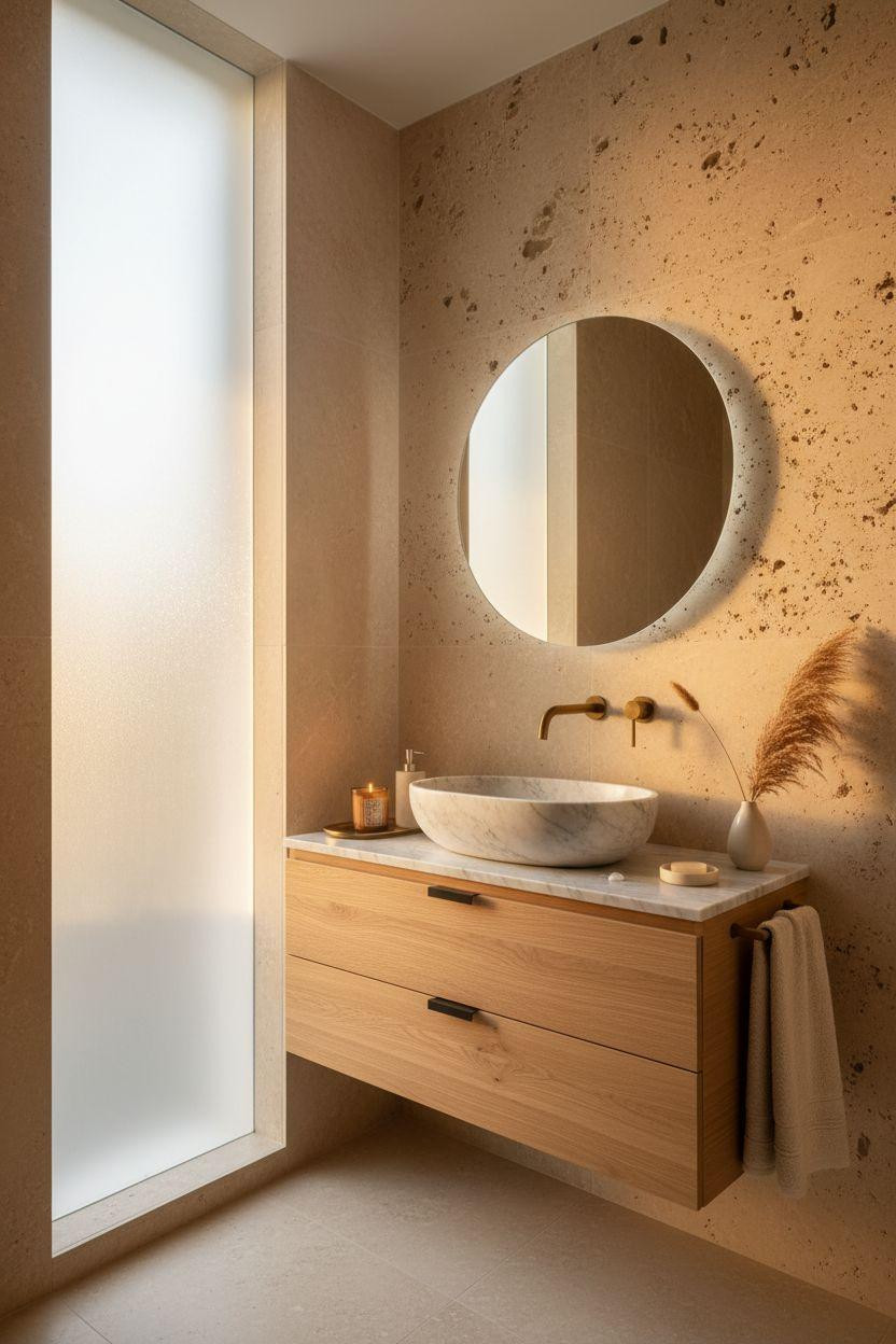 Small powder room with dramatic travertine stone wall and oval vessel sink