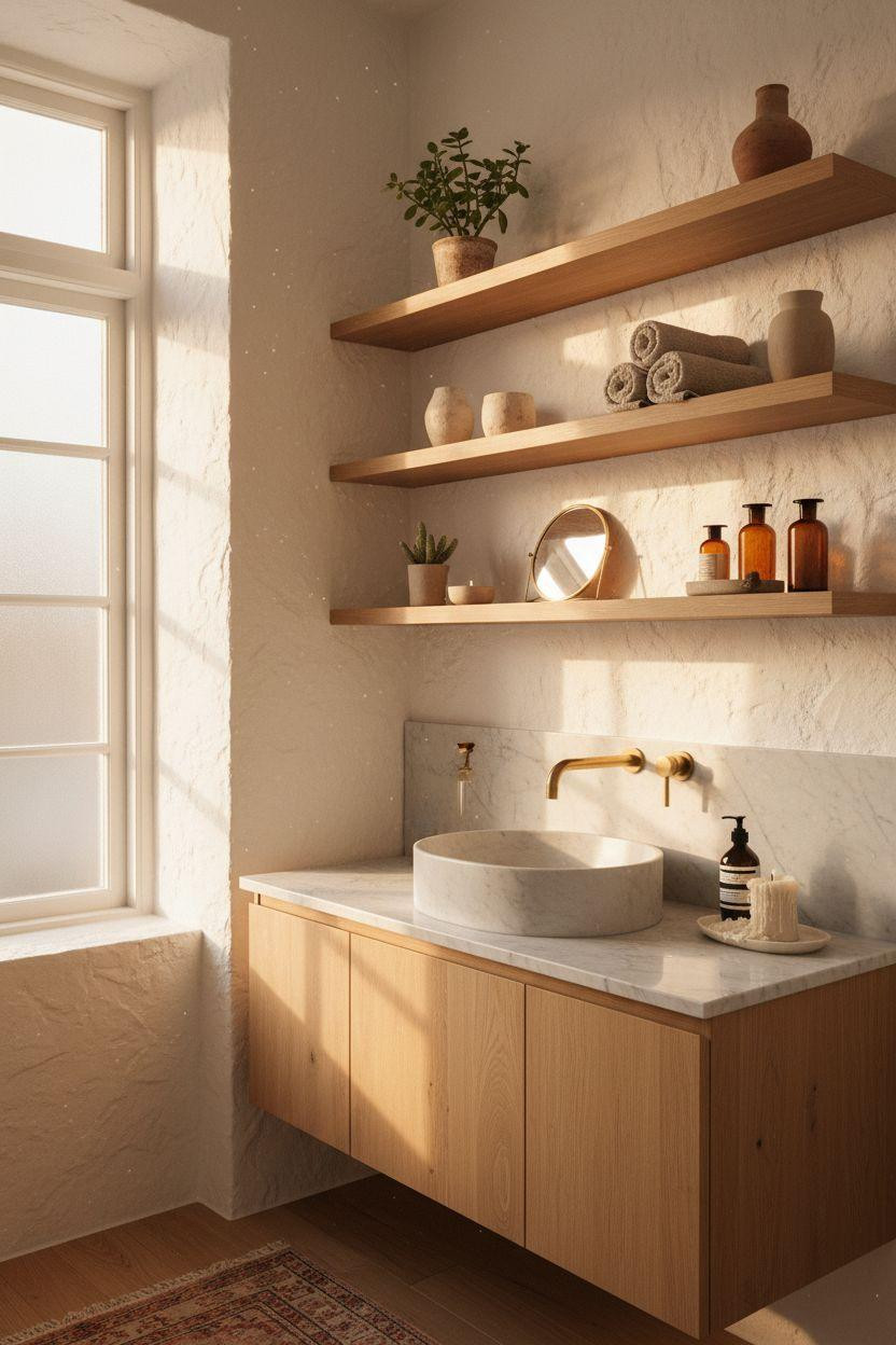 Small powder room with honey oak vanity and styled open shelving
