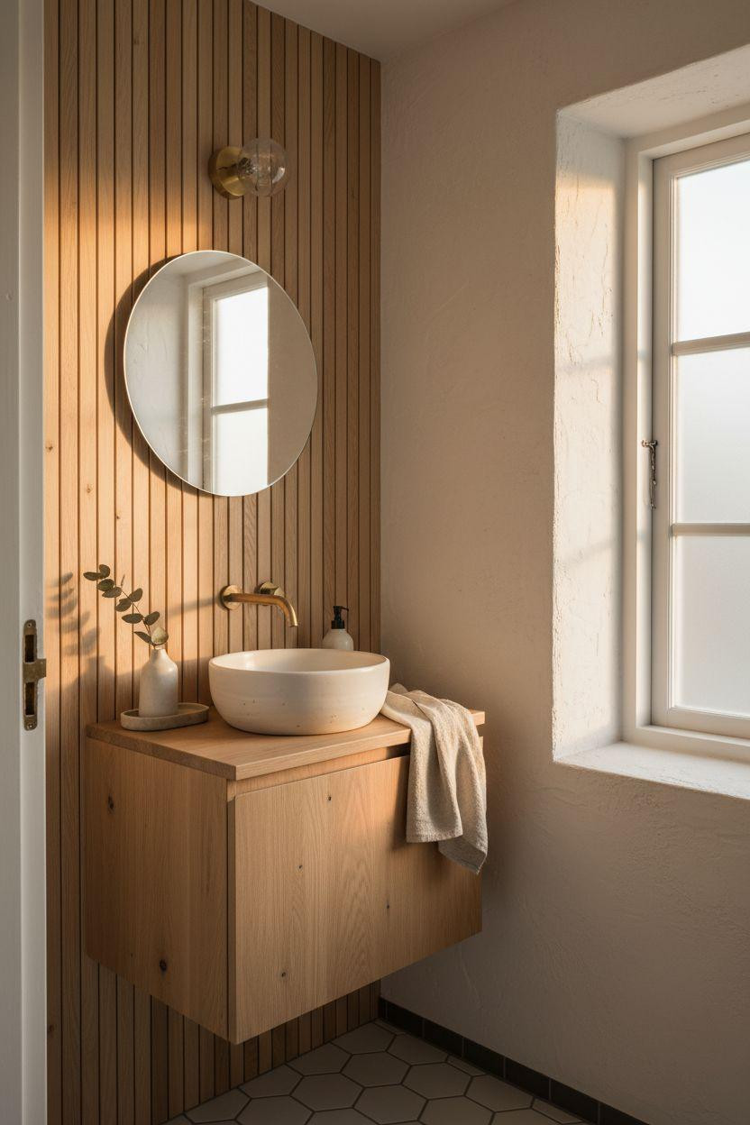 Small powder room with honey oak floating vanity and vertical slat paneling