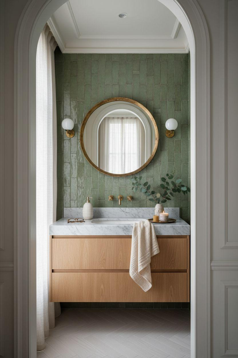 Small powder room with sage zellige tile wall and marble floating vanity