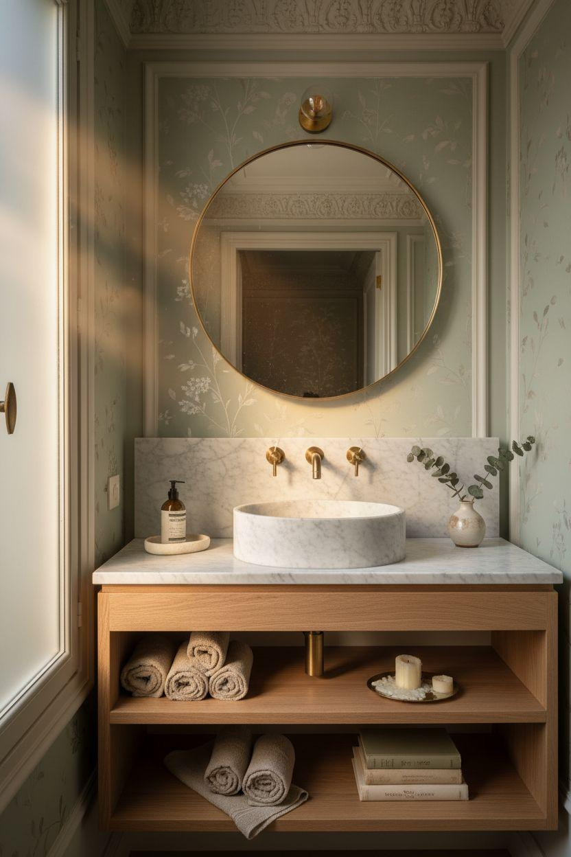Small powder room with sage wallpaper and curated open shelf styling