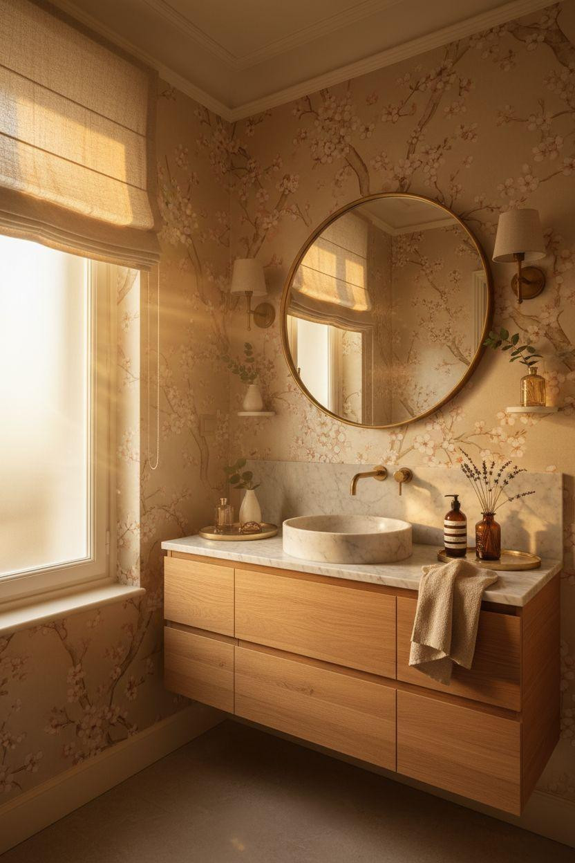 Small powder room with cherry blossom wallpaper and antique brass mirror