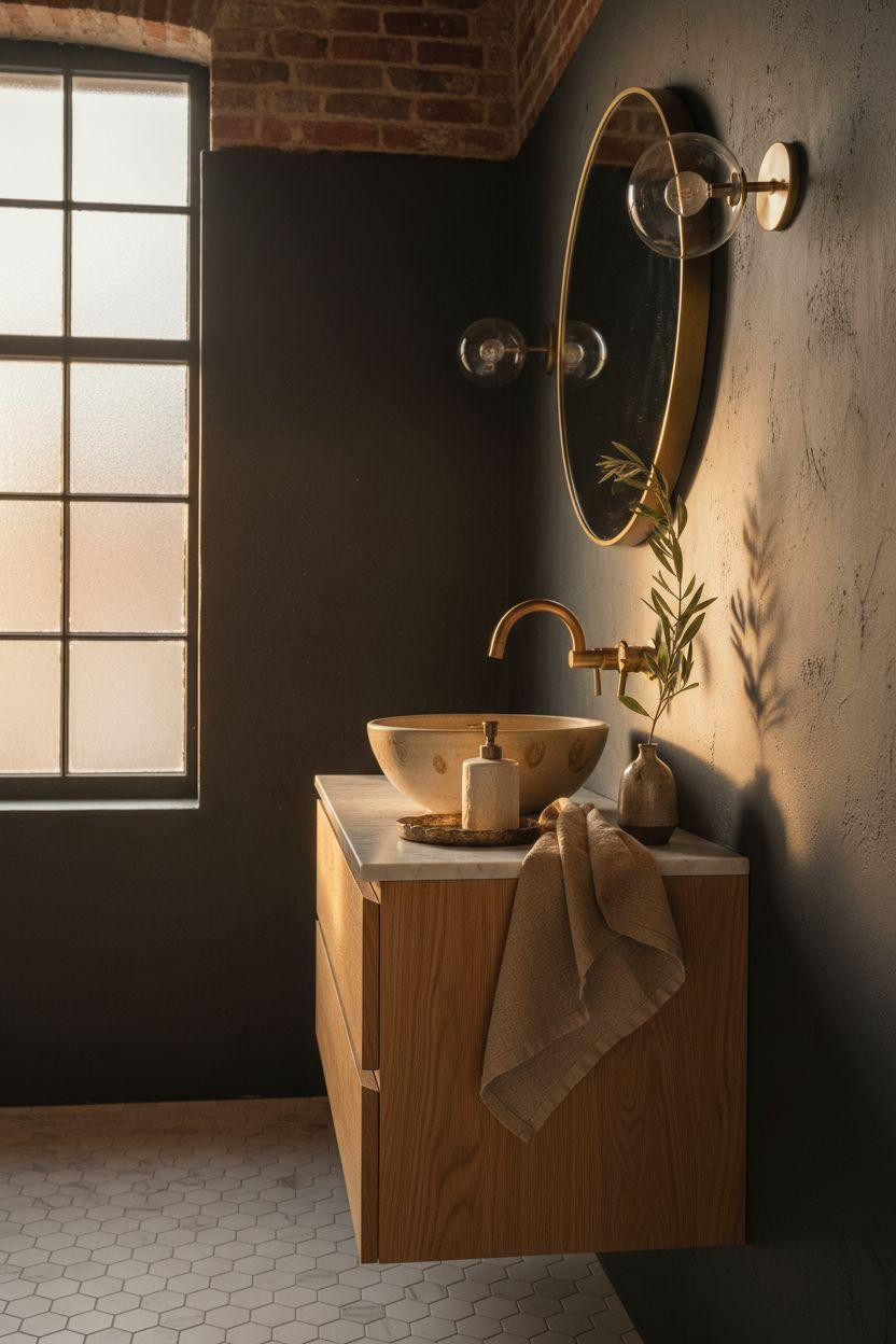 Small powder room with charcoal lime plaster walls and honey oak floating vanity