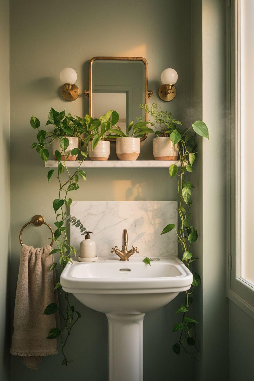 Small powder room with soft sage walls and trailing pothos plants on floating shelf