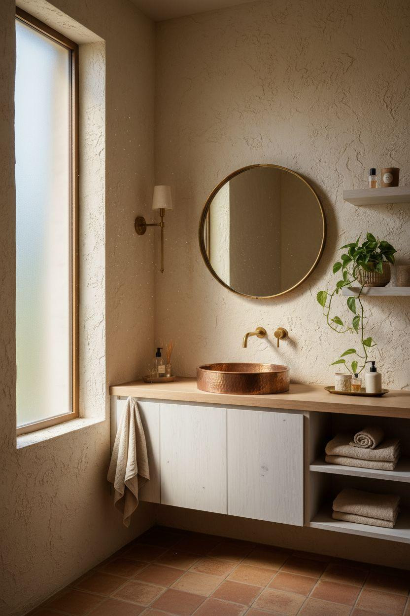 Small powder room featuring hand-hammered copper vessel sink and brass fixtures
