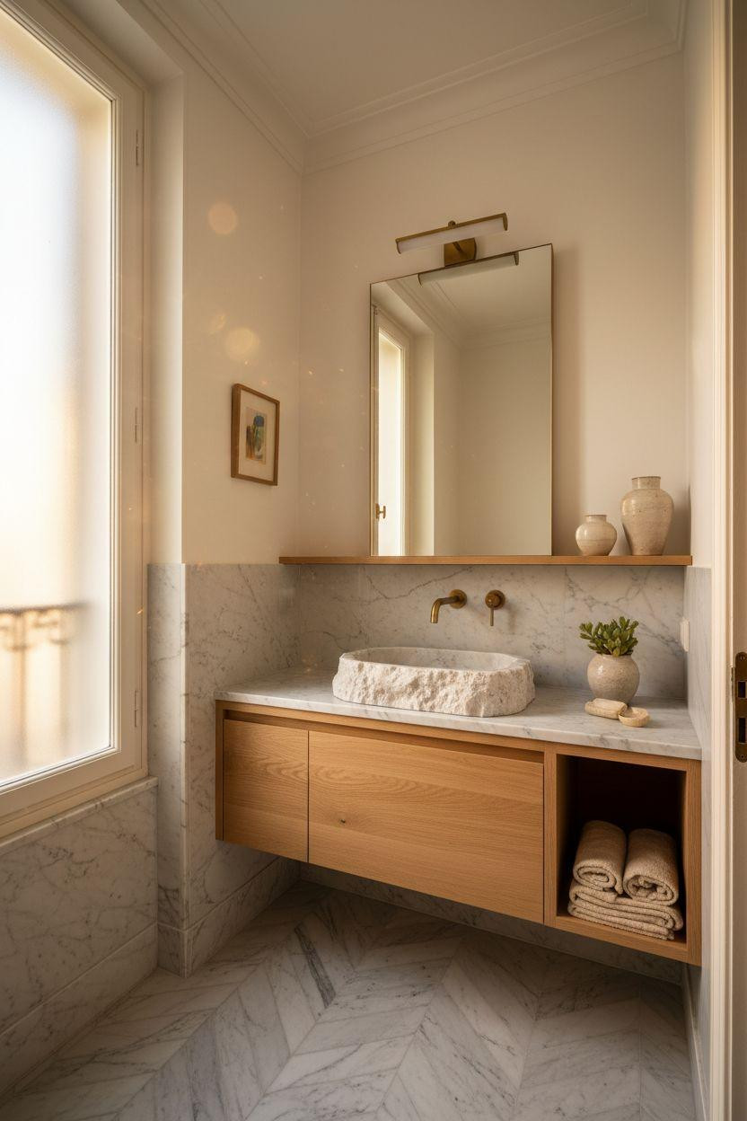 Small powder room with marble herringbone floors and hand-carved vessel sink