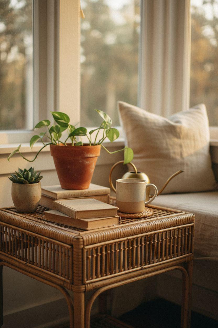 Small sunroom ideas closeup with rattan table and terracotta
