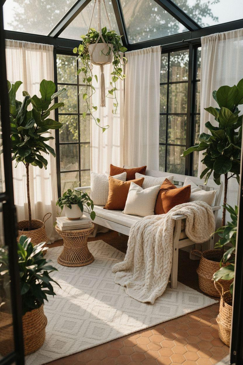 Small sunroom ideas with terracotta tiles and layered textures