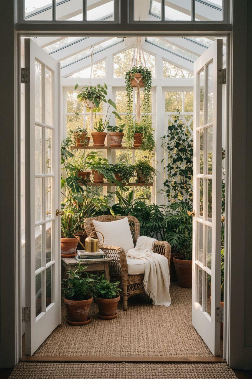 Small sunroom ideas filled with lush plants and vintage furniture
