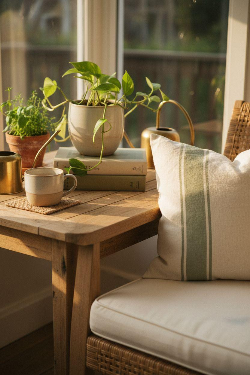 Small sunroom ideas with weathered teak and cozy layered styling