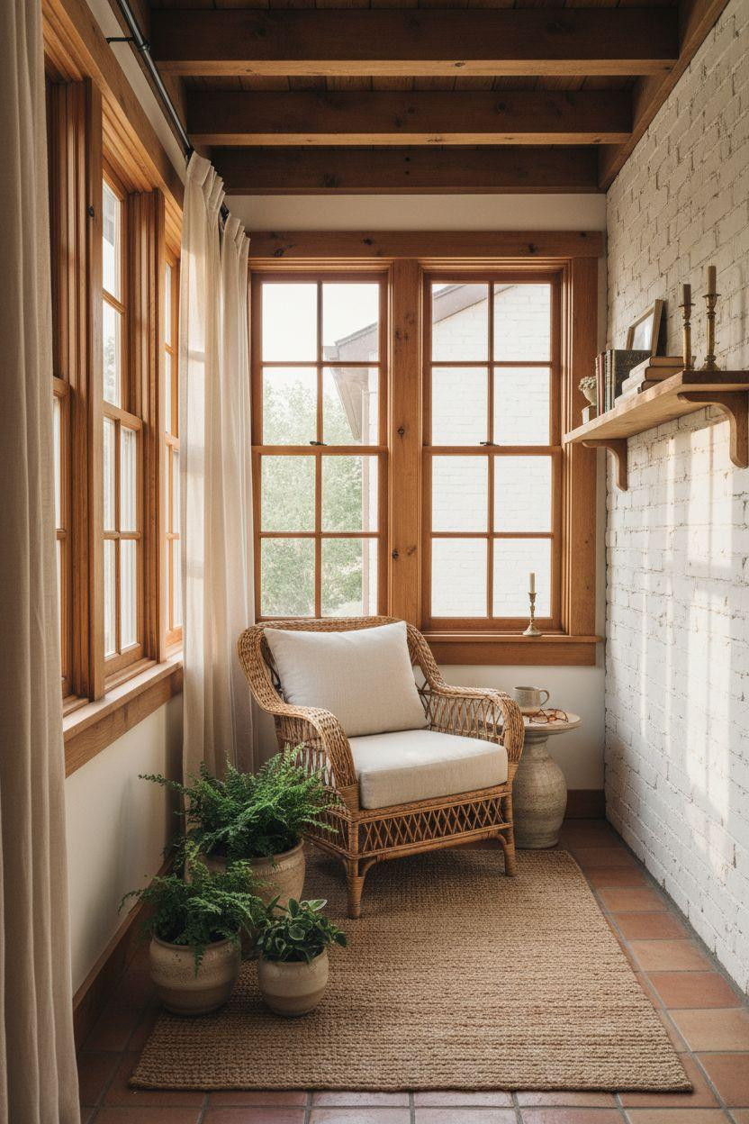 Small sunroom ideas featuring restored wood frames and whitewashed brick