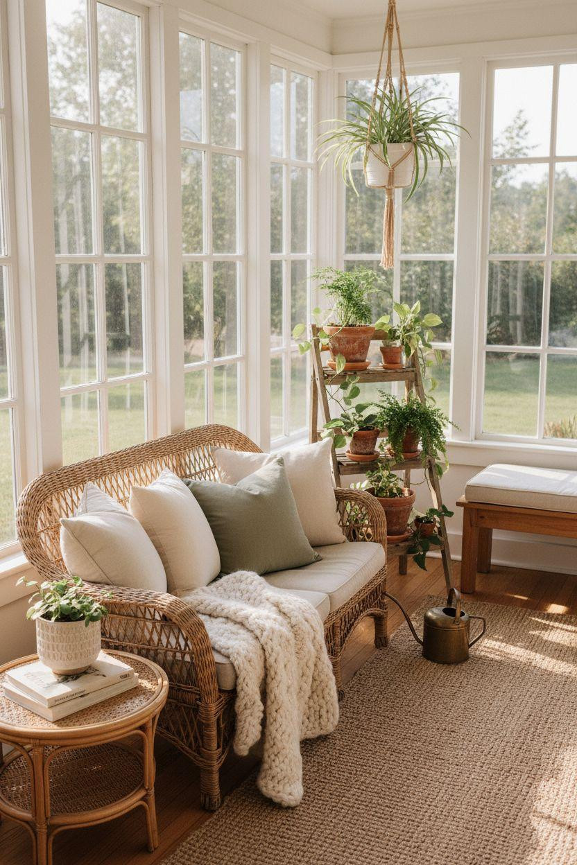 Small sunroom ideas with white wicker furniture and large windows