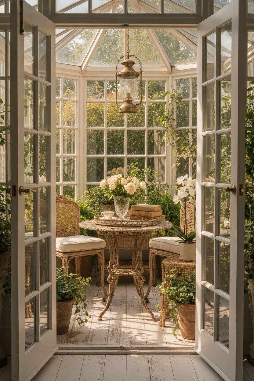 Small sunroom ideas featuring vintage conservatory with antique furniture