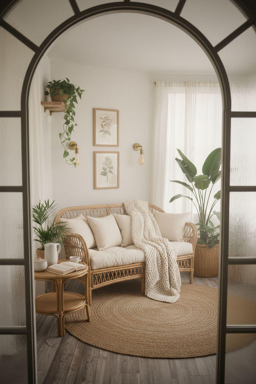 Small sunroom ideas with botanical styling and layered plants