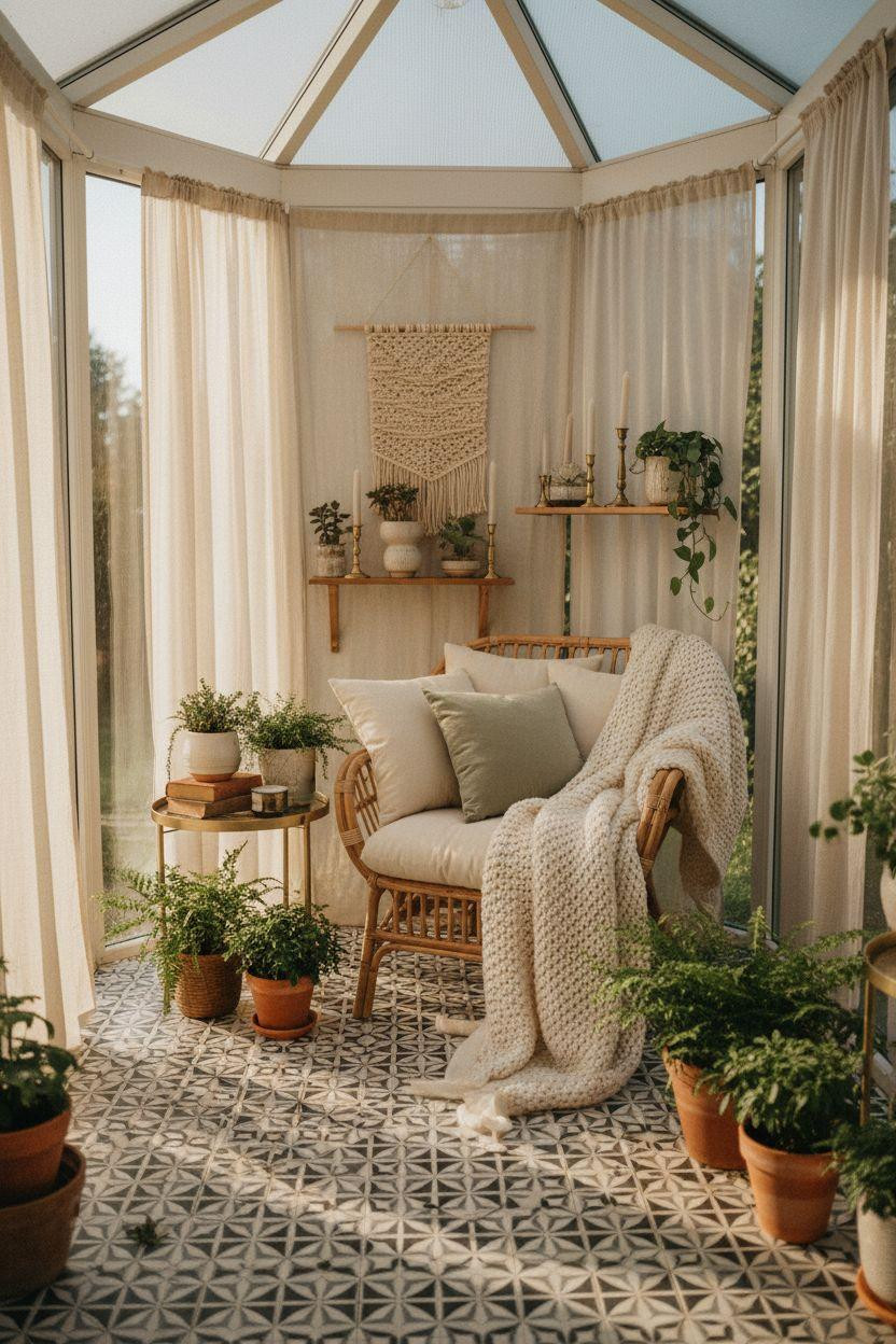 Small sunroom ideas with geometric tile and woven rattan chair