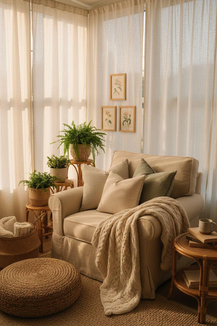 Small sunroom ideas with overstuffed armchair and layered textiles