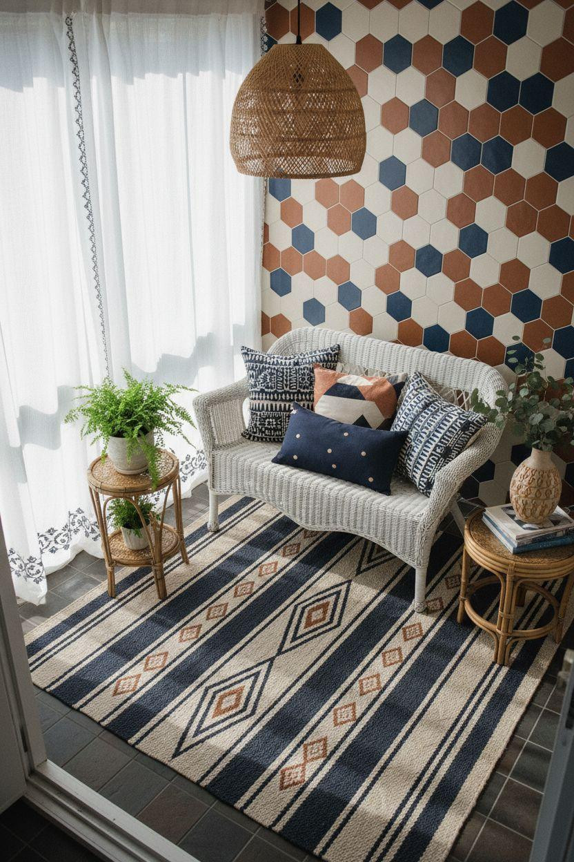 Small sunroom ideas with geometric patterns and layered textiles