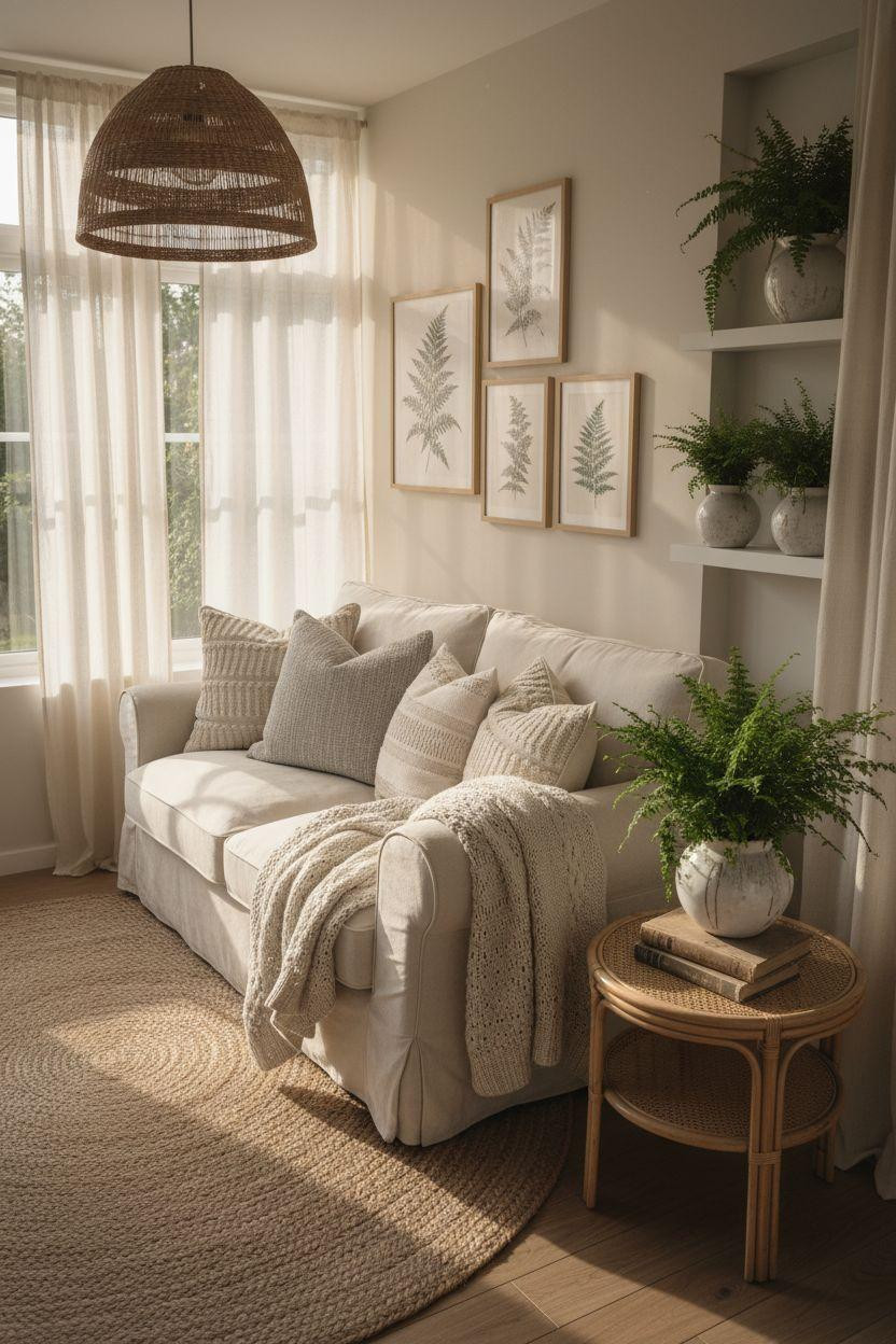 Small sunroom ideas with cream loveseat and natural lighting